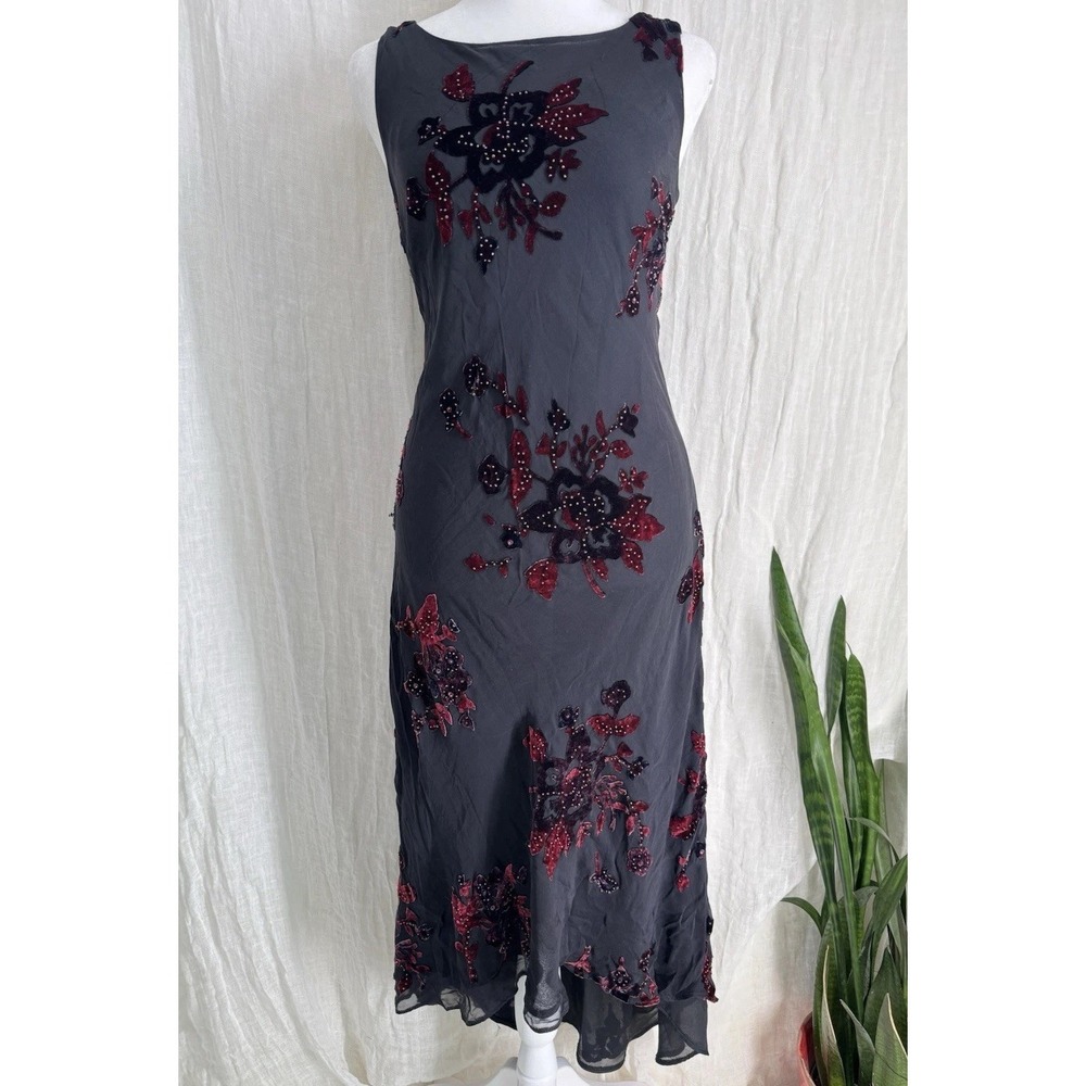 Vtg Express Silk Velvet Burnout Dress 14 Whimsigoth Fairy Y2K Beaded Open Back